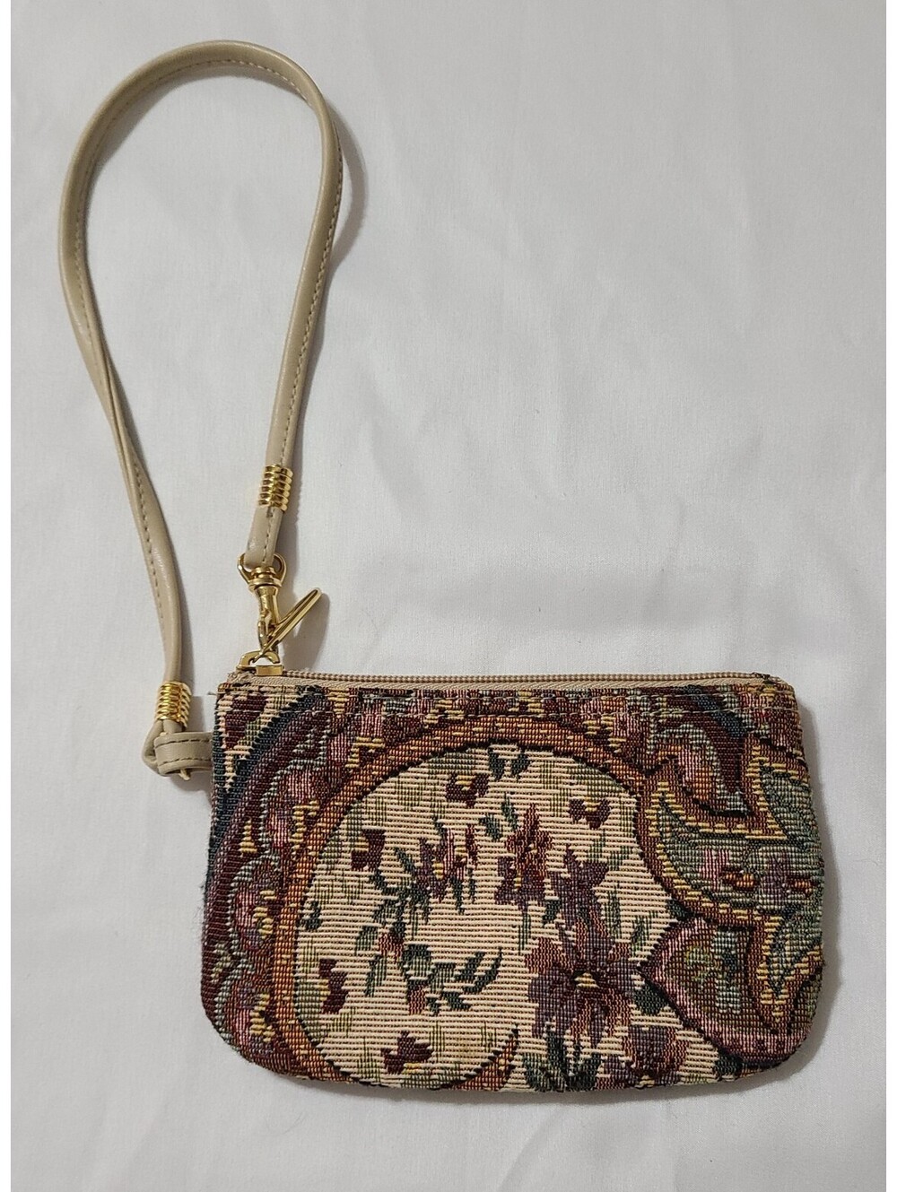 Vtg Bueno Tapestry Wristlet Womens Size Small Beige Coin Purse Floral Bag Pouch